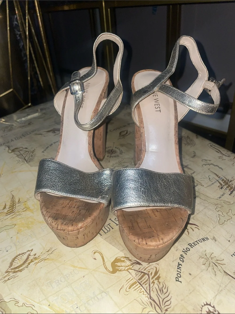 Nine West Silver Metallic Cork Platform Sandals